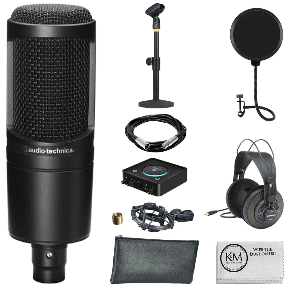 Audio-Technica AT2035 Cardioid Condenser Microphone Bundle with Studio Headphones + XLR Cable + Pop Filter + Icon Pro Audio USolo Recording Interface + Mic Arm + Cleaning Cloth (7 Items)