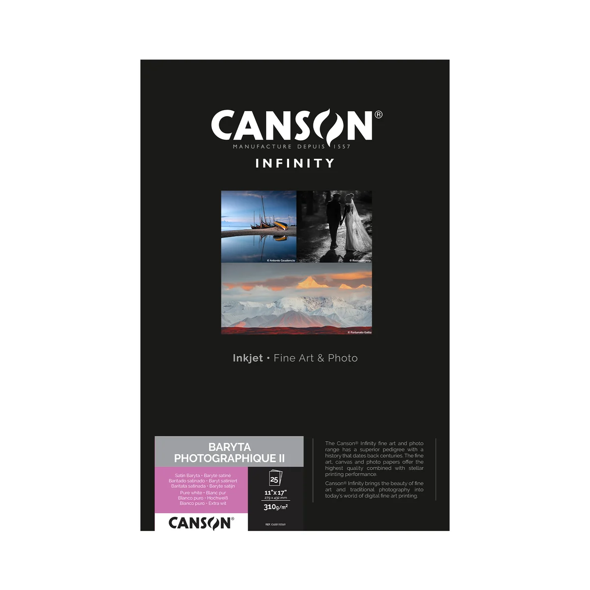 Canson Infinity Baryta Photographique II Satin Inkjet Paper, 310 gsm, 11 x 17" - 25 Sheets