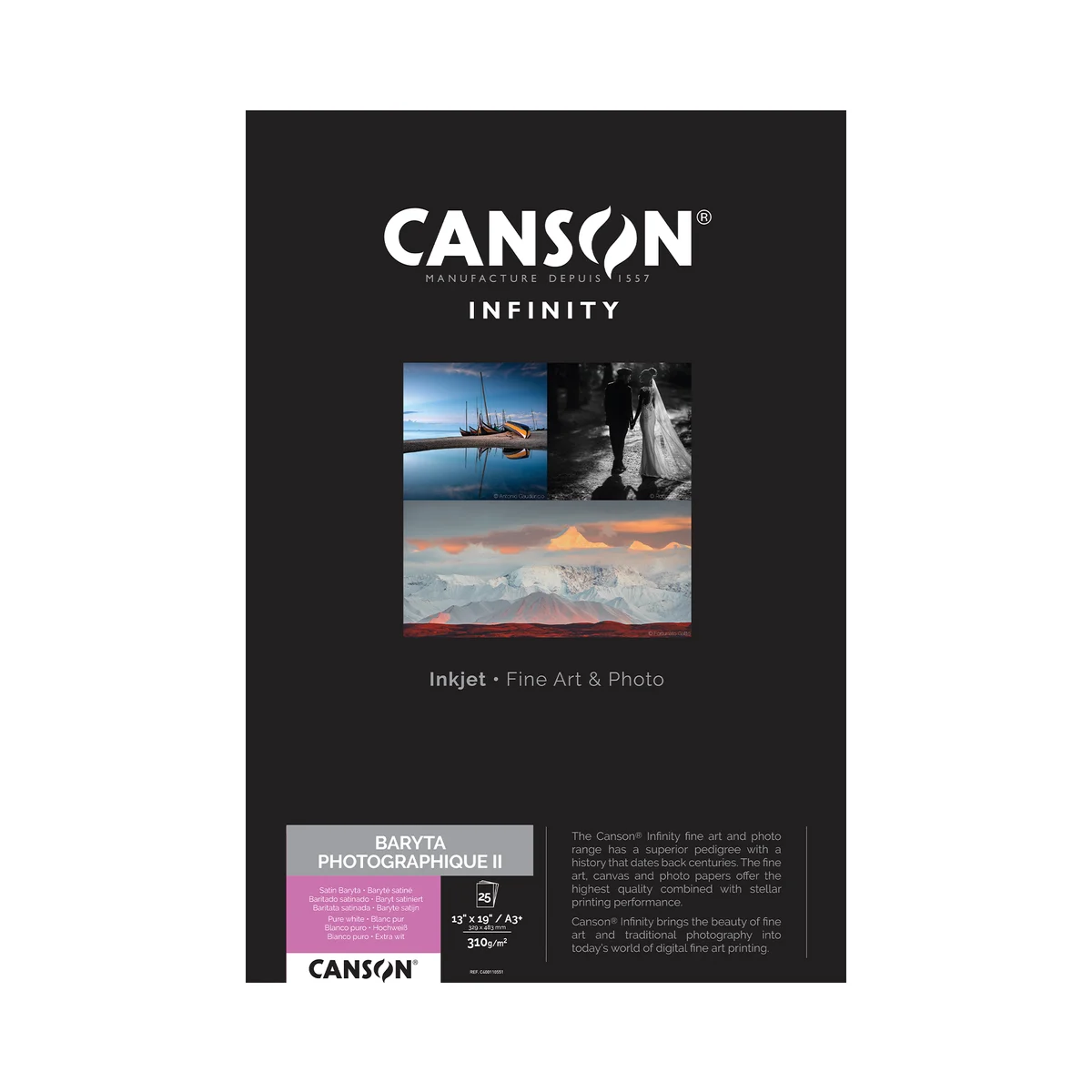 Canson Infinity Baryta Photographique II Satin Inkjet Paper, 310 gsm, 13 x 19" - 25 Sheets