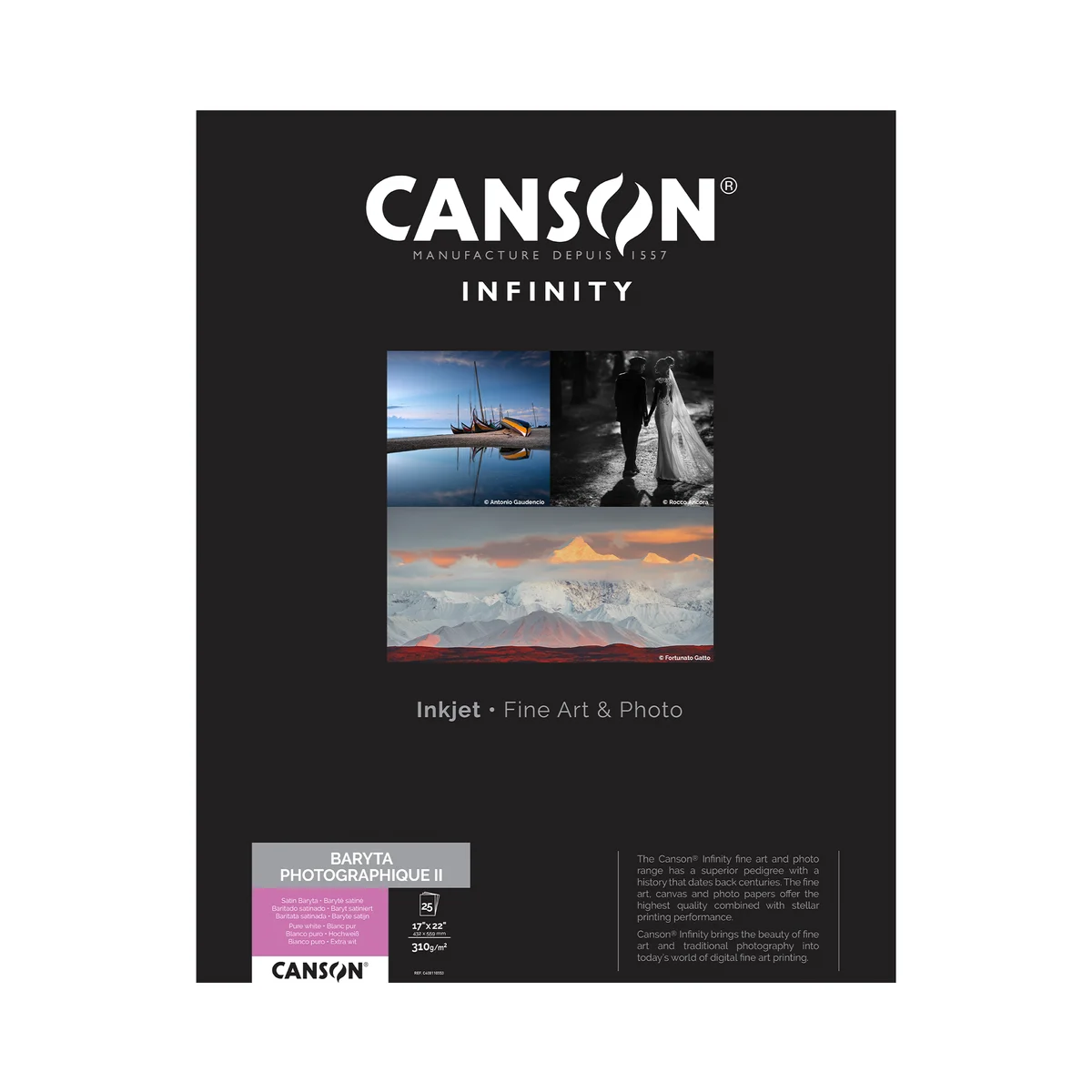 Canson Infinity Baryta Photographique II Satin Inkjet Paper, 310 gsm, 17 x 22" - 25 Sheets