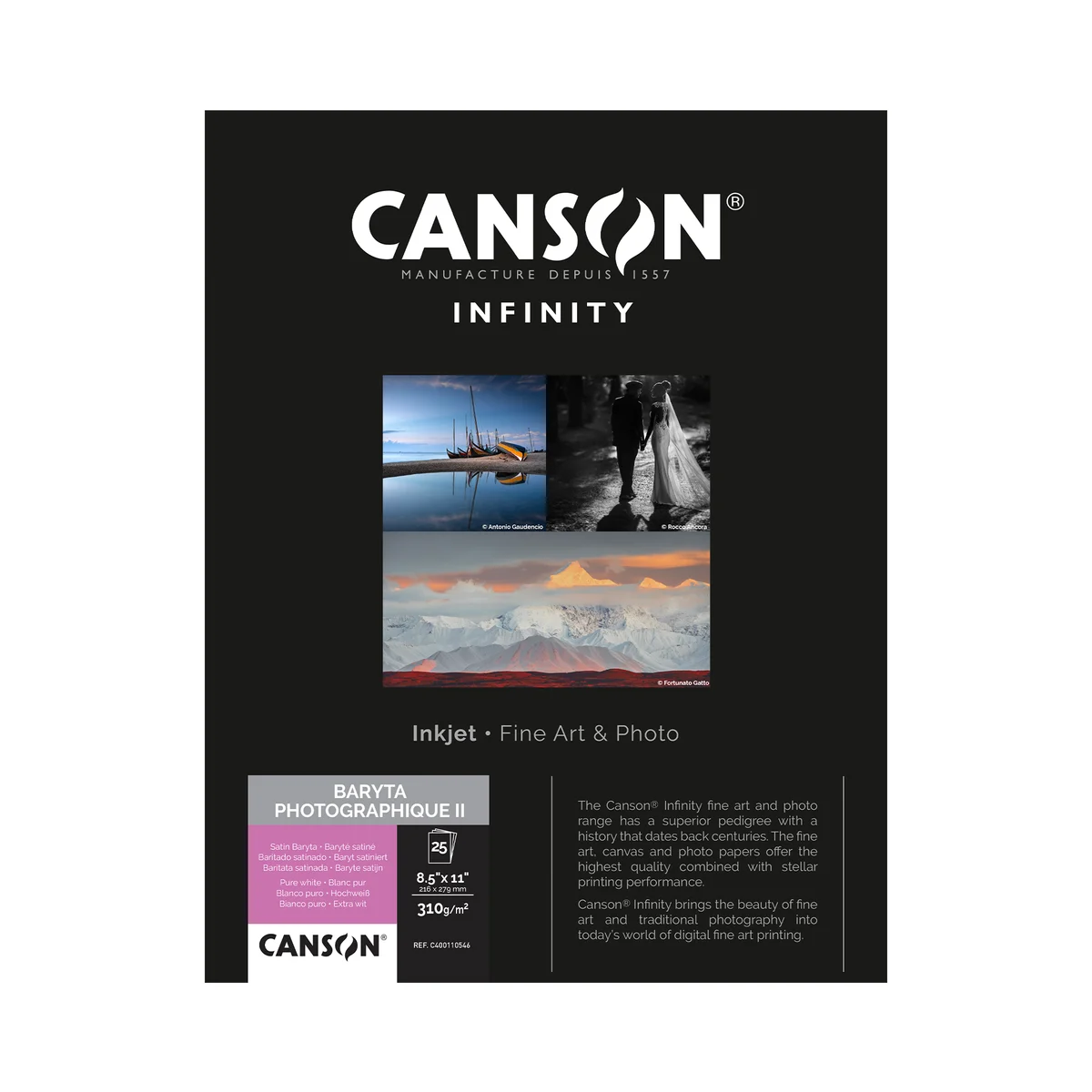 Canson Infinity Baryta Photographique II Satin Inkjet Paper, 310 gsm, 8.5 x 11" - 25 Sheets