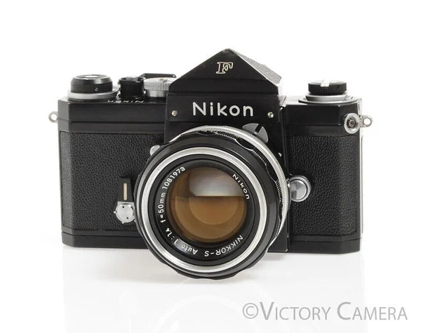Nikon F Rare Black 35mm Camera w/ Eye Level Finder & 50mm f1.4 Lens -Good Seals- [EXC-]