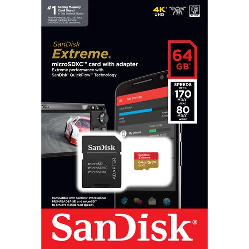 SanDisk Extreme UHS-I microSDXC Memory Card with SD Adapter 64GB(80 MB/s)